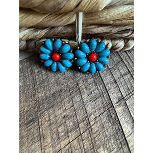 Vintage Turquoise & Red Flower Clip-On Earrings Boho Southwestern Style